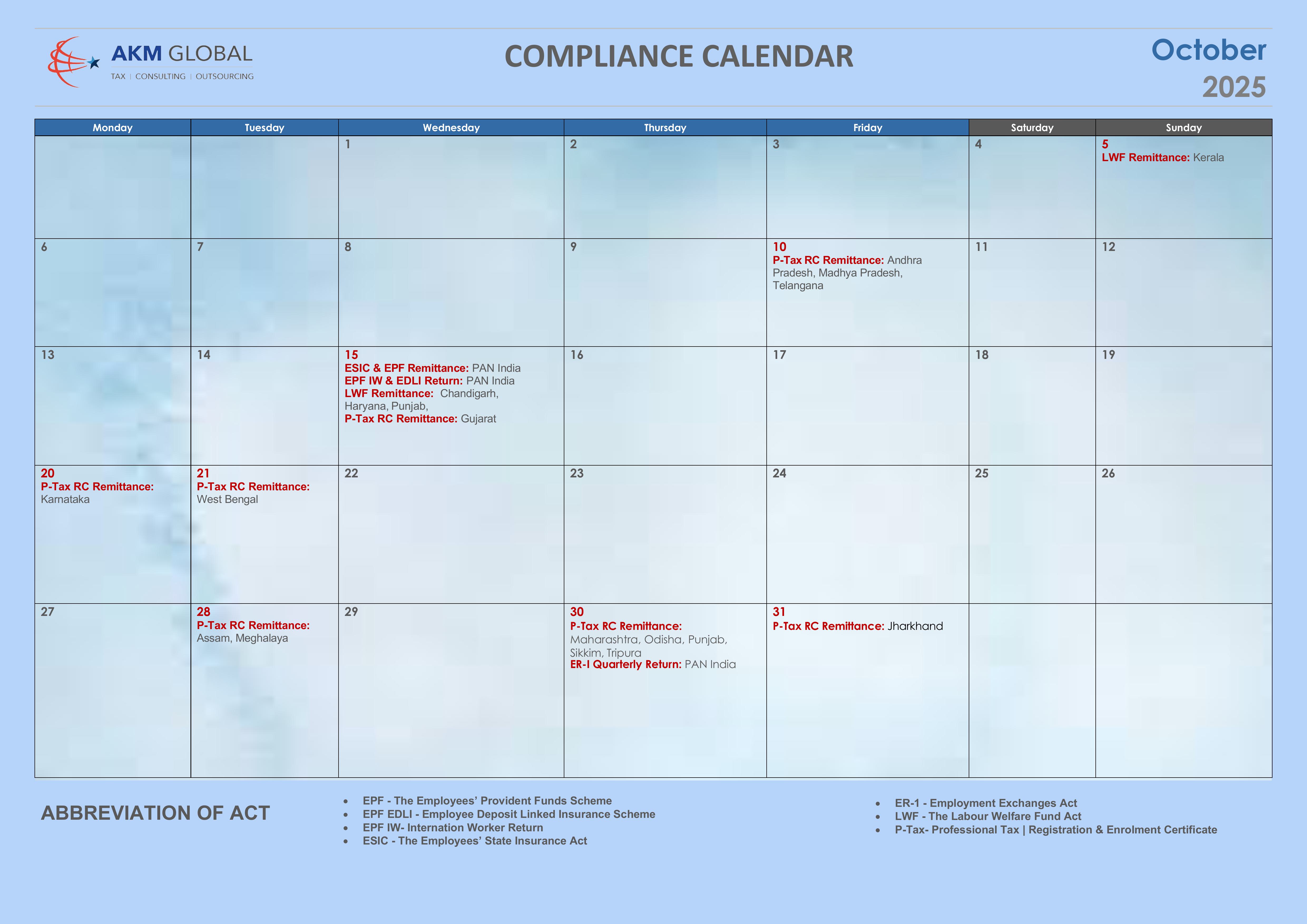 Compliance Calendar October 2025 