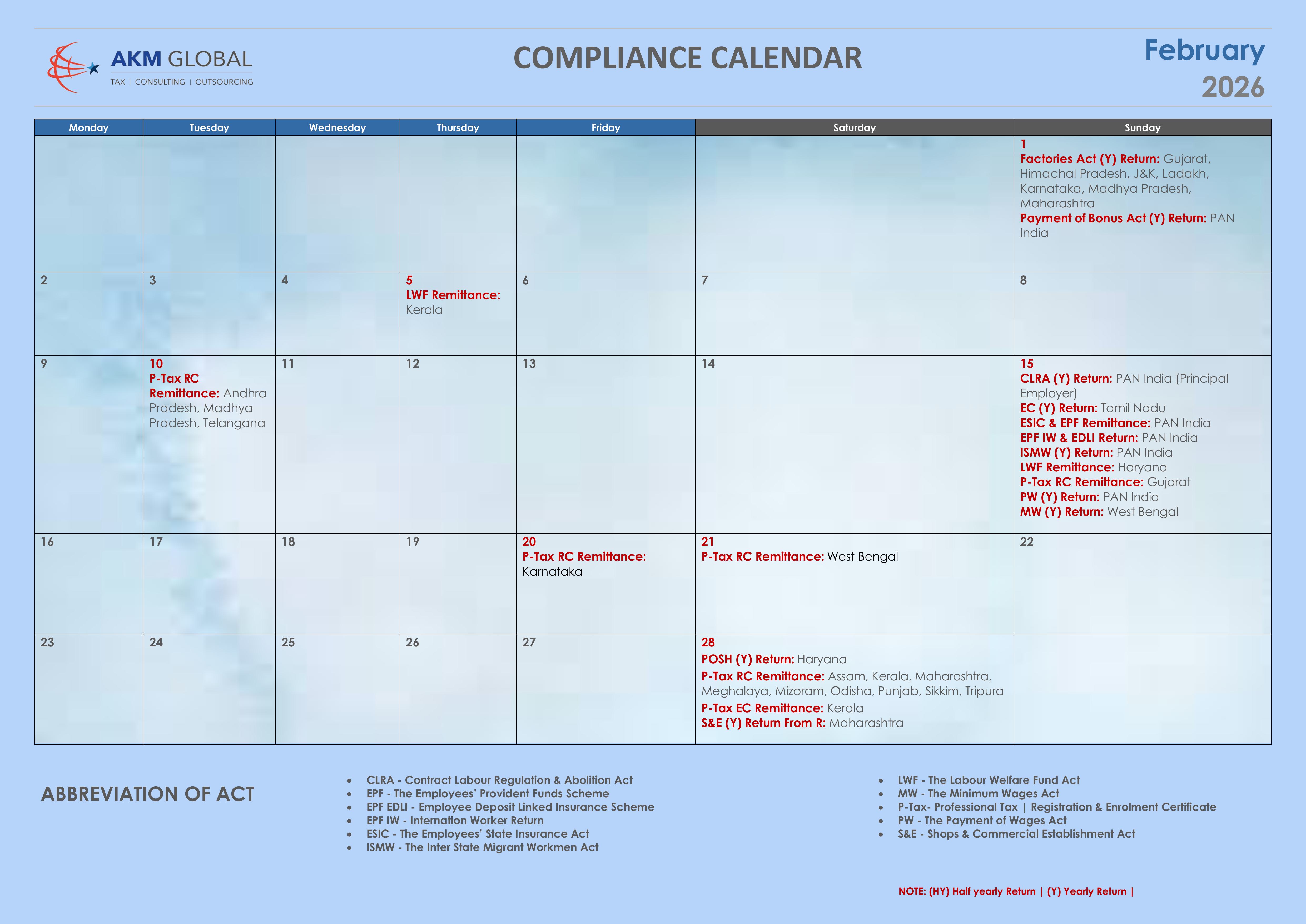 Compliance Calendar – February 2026